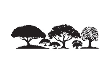 Diverse silhouettes of trees in a natural landscape arrangement