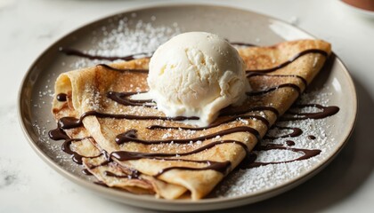 Delicious crepe pastry dessert topped with chocolate drizzle, vanilla ice cream scoop. Stylish food presentation on gray plate with crisscross pattern. French dessert served on modern plate for