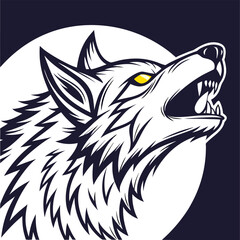 Obraz premium Illustration of a howling white wolf with yellow eyes against a white circle on dark background