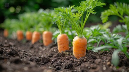Row of ripe, vibrant carrots growing in dark soil