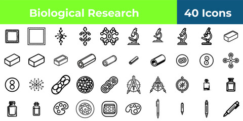 Illustration of forty black and white line art icons for biological research and scientific study icon sheet