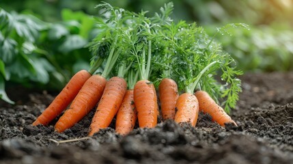 Fresh carrots arranged on soil with vibrant green tops