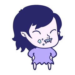 cartoon vampire girl with blood on cheek in bright neon color