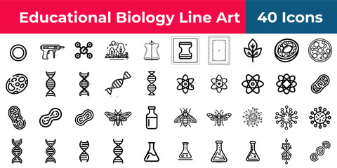 Collection of educational biology line art icons featuring dna molecules insects and lab equipment designs icon sheet