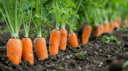 Row of vibrant orange carrots protruding from dark soil, green tops visible