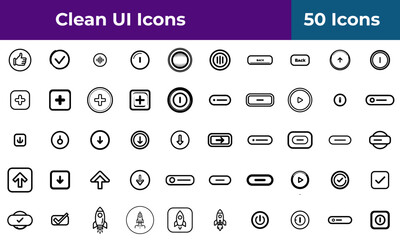 A collection of fifty clean user interface icons displayed in a grid pattern on a transparent background