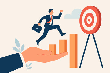 Business support and mentorship concept. Helping hand assists employee climbing chart stairs to success for reaching target goal. Career growth, teamwork and achievement vector.
