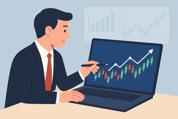 Businessman analyzing stock market growth on laptop. Financial expert checking chart data for investment and trading. Flat vector illustration concept of a broker at work.