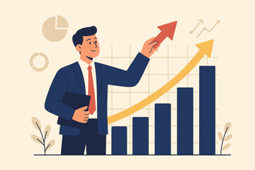 Businessman holding arrow up, analyzing economic graph for business growth. Concept of development to success, finance, banking, marketing, sales, and investment strategy.