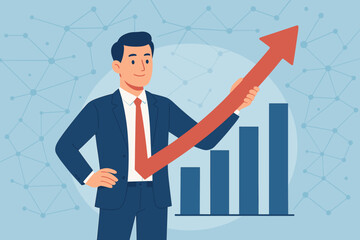 Businessman holding arrow over a growth chart. Corporate success concept, financial plan, profit, stock market investment, business development and future strategy.