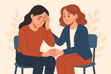 Woman comforting her sad friend. Empathy, compassion and support concept. Friendship and care for person with depression, anxiety or stress. Mental health vector illustration.