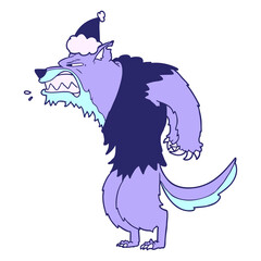 angry werewolf hand drawn line drawing of a wearing santa hat in bright neon color