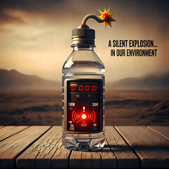 Plastic Bottle as Time Bomb with Lit Fuse and Digital Timer – Conceptual Environmental Pollution Warning, AI-Generated

