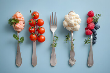 Artful food presentation showcasing fresh vegetables, berries, and savory elements on antique silverware against a blue background.
