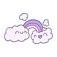happy cartoon clouds and rainbow in bright neon color
