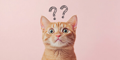 Cute confused cat with big eyes and question marks above its head, minimalistic pastel background