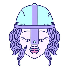 Retro Tattoo Style orc fighter character face in bright neon color