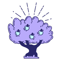 illustration of a traditional tattoo style apple tree in bright neon color