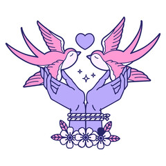 iconic tattoo style image of tied hands and swallows in bright neon color
