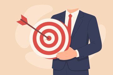 Businessman holding target with an arrow in the bullseye. Concept of achieving goals, focus for success, purpose, objective, aiming for accuracy, and business aspiration.