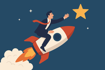 Businessman riding a rocket ship reaching for a star. Concept for business success, career growth, startup launch, ambition, reaching goals, innovation, and entrepreneurship.