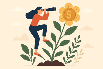 Investment or saving growth concept. Woman looking through a telescope at a money plant with a coin flower. Financial and banking forecast for growing wealth and earning profit.