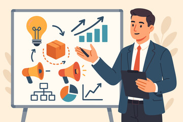 Businessman presents marketing plan on whiteboard. Strategy for product launch, from idea and innovation to promotion, advertising, and data analysis for business success concept.