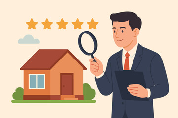 Property appraisal, price evaluation, housing assessment for market value. Real estate review, residential sale, rating concept. Businessman appraiser with magnifier inspects home.
