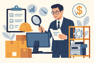 Procurement and asset management. Manager purchasing equipment, goods, services. Auditing inventory, price, depreciation. Supply chain, business financial control concept.