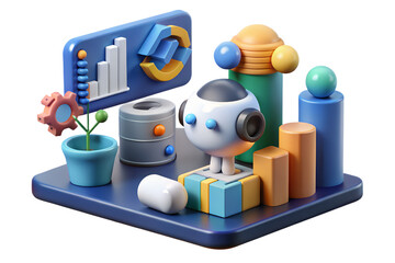 A stylized render of a robot surrounded by charts gears and cylindrical shapes on a blue platform on transparent background