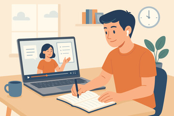 E-learning concept with young man studying online course. Student watching video lesson for new skill development. Employee training at webinar. Distance education from home.