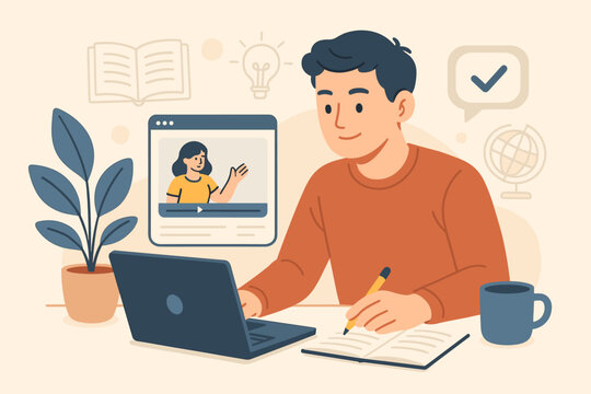 Man studying online course on laptop. E-learning, webinar, and remote education concept. Young employee learning new skills from internet training for professional development.