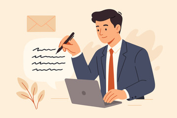 Written communication skills for business success. Businessman writing email on laptop. Concept of professional correspondence, messaging, content creation, copywriting.