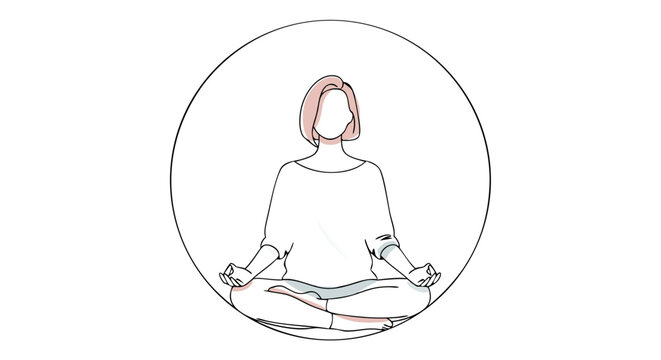Faceless woman meditating in a lotus pose. Circular icon for a yoga studio or wellness app. Minimalist line art promoting mental health, relaxation, and mindfulness. With copy space. - Powered by Adobe