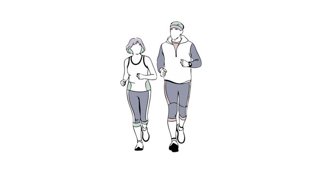 Active senior couple jogging together. Healthy lifestyle and retirement fitness concept. Line art illustration for health insurance ads, wellness blogs, or community fitness programs.