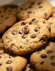 Round cookies with golden brown hue and chocolate chips. Plate of baked cookies in close-up, blurred background. Elevated view of tasty treat, chocolatey snack, crunchy cookies.