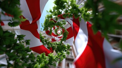Bright red and white flags create a striking spiral effect amidst lush greenery, symbolizing the festive spirit of independence day in Peru. The scene captures the essence of celebration and unity