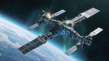 Futuristic space station orbits Earth. Data visualization interface shows real-time telemetry data from satellite network. Metallic spacecraft has four gleaming wings and two powerful engines.