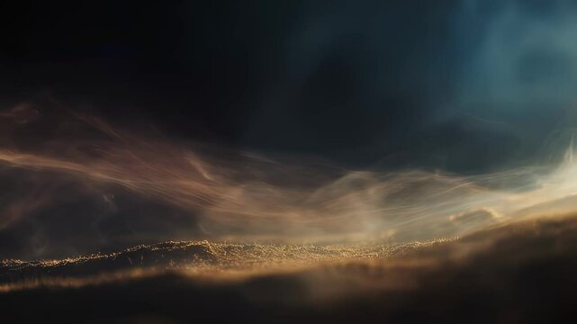 An abstract composition showcasing swirling dust motes and erratic film burns layering over an ethereal landscape. The interplay of light and shadow enhances the sense of movement adding