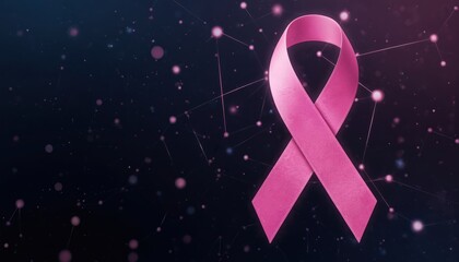 Pink ribbon stands out against dark background. Vibrant color creates striking contrast. Small white dots surround ribbon, adding depth, dimension. Balanced composition, ribbon center, dots radiating