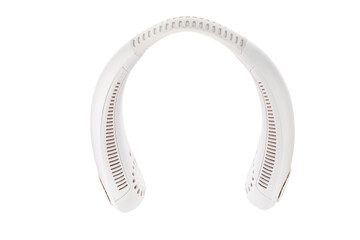 White neck fan isolated on white background. Rechargeable portable adjustable neck fan. Full depth...
