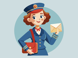 Vintage cartoon mailwoman holding envelope wearing classic uniform with large mailbag and friendly smile