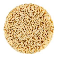 Dry raw instant noodles isolated on white background. Close-Up. Top view.