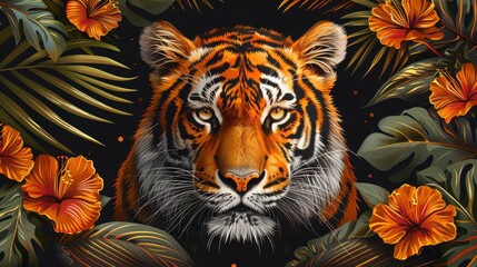 Tiger portrait amidst tropical foliage & vibrant orange flowers. Intense gaze, detailed fur
