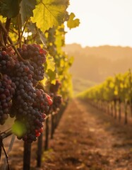 Serene vineyard scene with clusters of red, purple grapes hanging from green vine. Field of grapevines stretches out, leading eye to horizon sky meets land. Grapes in various shades of red, purple