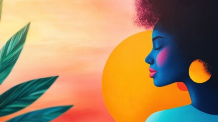 Beautiful woman with colorful features and sunset background