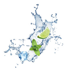 Refreshing Splash of Water With Lime, Mint Leaves, and Ice Cubes