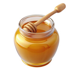 Golden honey in a glass jar with a wooden dipper isolated on transparent background