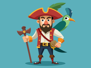 Old-fashioned animated pirate character with parrot on shoulder and peg leg striking bold pose
