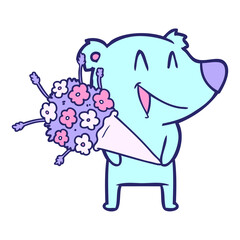 laughing bear cartoon with flowers in bright neon color